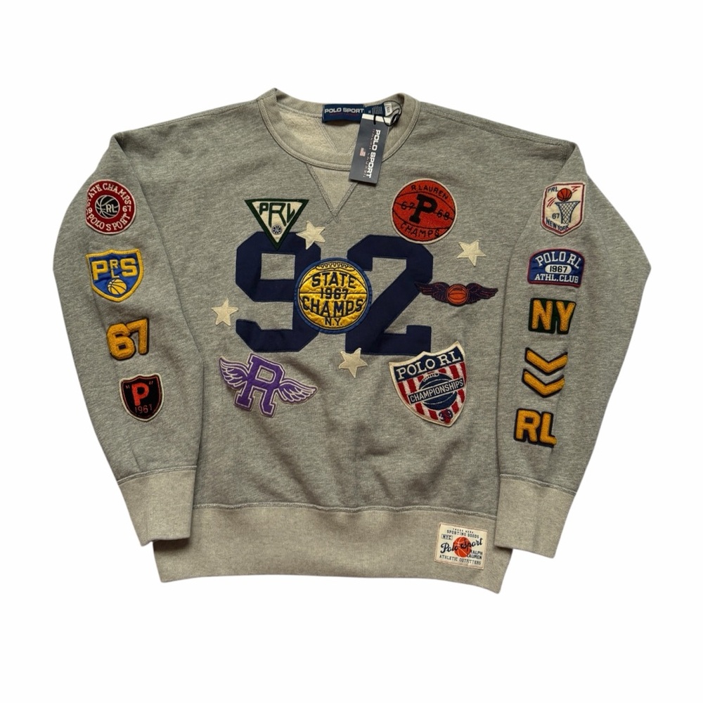 POLO RALPH LAUREN Multi Patch ’92 Varsity Basketball Gray Crewneck Sweatshirt